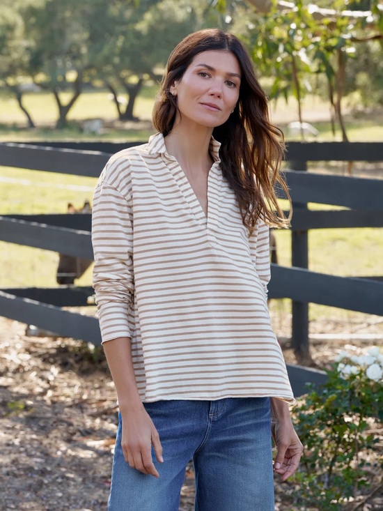 Frank & Eileen Tops - Frank & Eileen Patrick Popover Henley Vintage White and Camel Stripe Size L